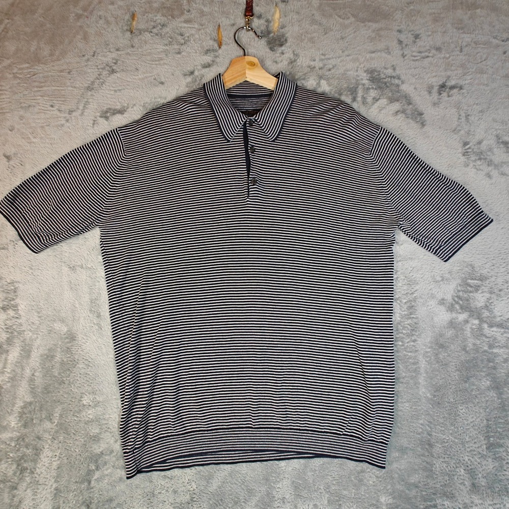 Vintage John Smedley Polo Shirt Mens XL Navy Blue White Striped Sea Island UK